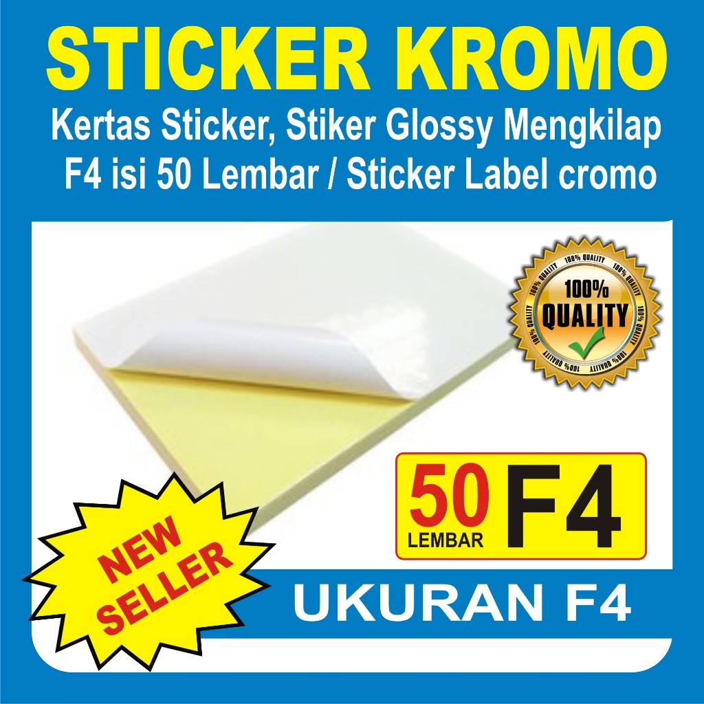 

Kertas Sticker, Stiker Glossy Mengkilap F4 isi 50 Lembar / Stiker A4 / Sticker Label cromo