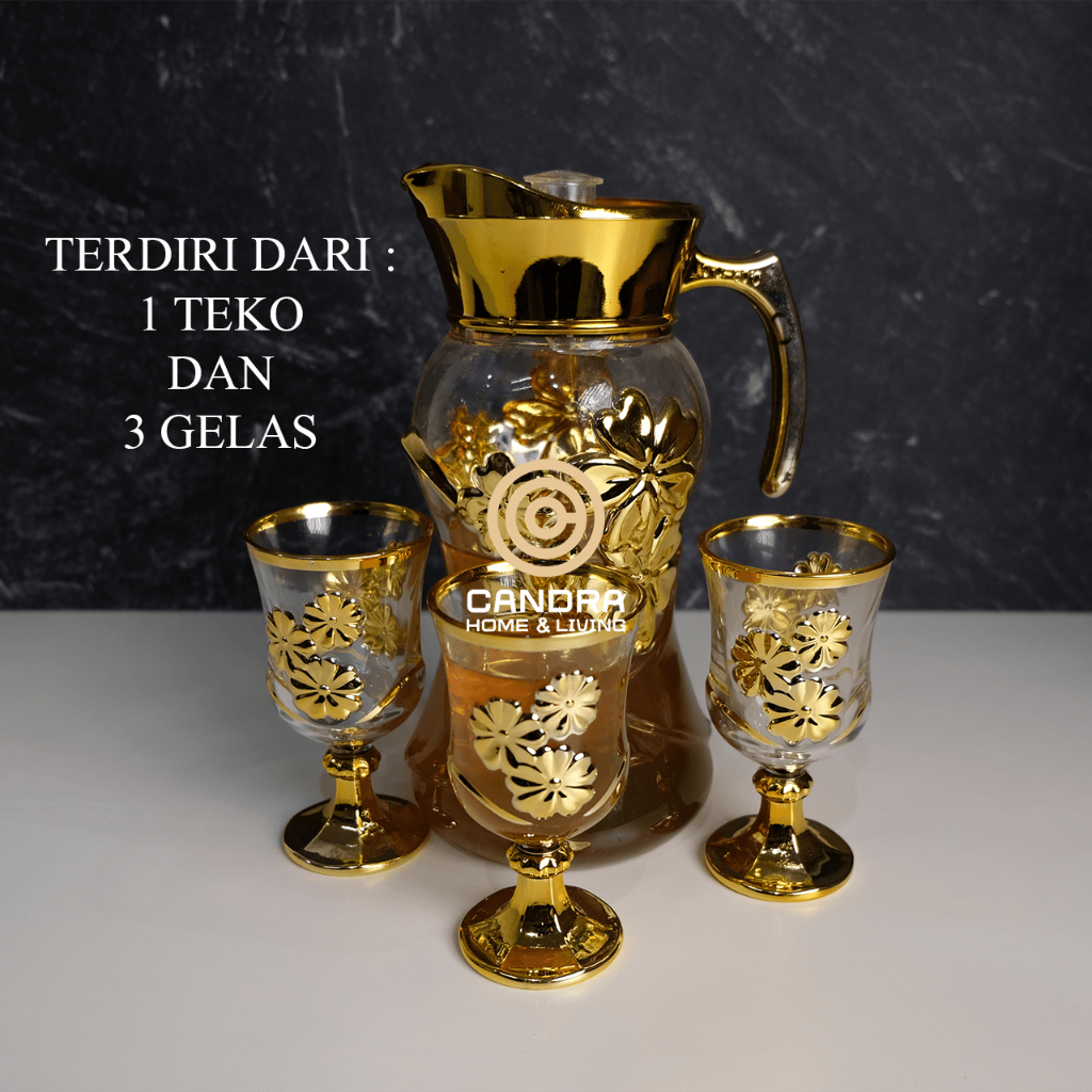 Cangkir Set Beling Emas Gold 4 pcs / Teko Tea Set Cofee Set Emas Kaca