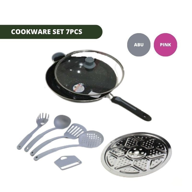 Wajan Wokpan Penggorengan Kukus Set Enamel Tutup Kaca Anti Lengket Saringan PANCI GAGANG COOKWARE