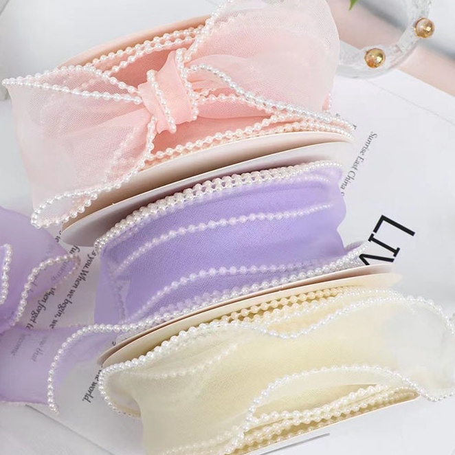 

Flash Sale 1ROL 5 YARD PEARL CHIFFON RIBBON PITA ORGANZA Pearl UJUNG MUTIARA PITA ORGANDI PASTEL