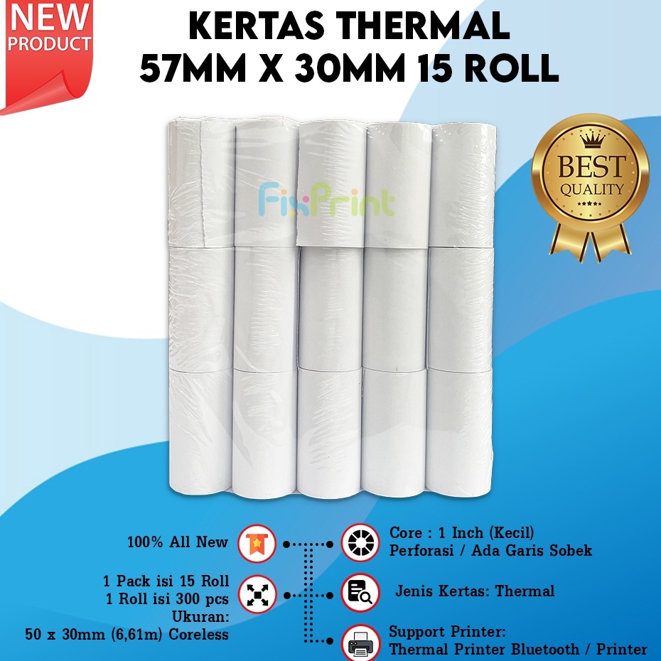 

Paket 15 Roll Kes Struk Kasir ukuran 57mm x 3mm 57 mm x 3mm Printer Thermal Iware 58mm EDC Tanpa Core Polos