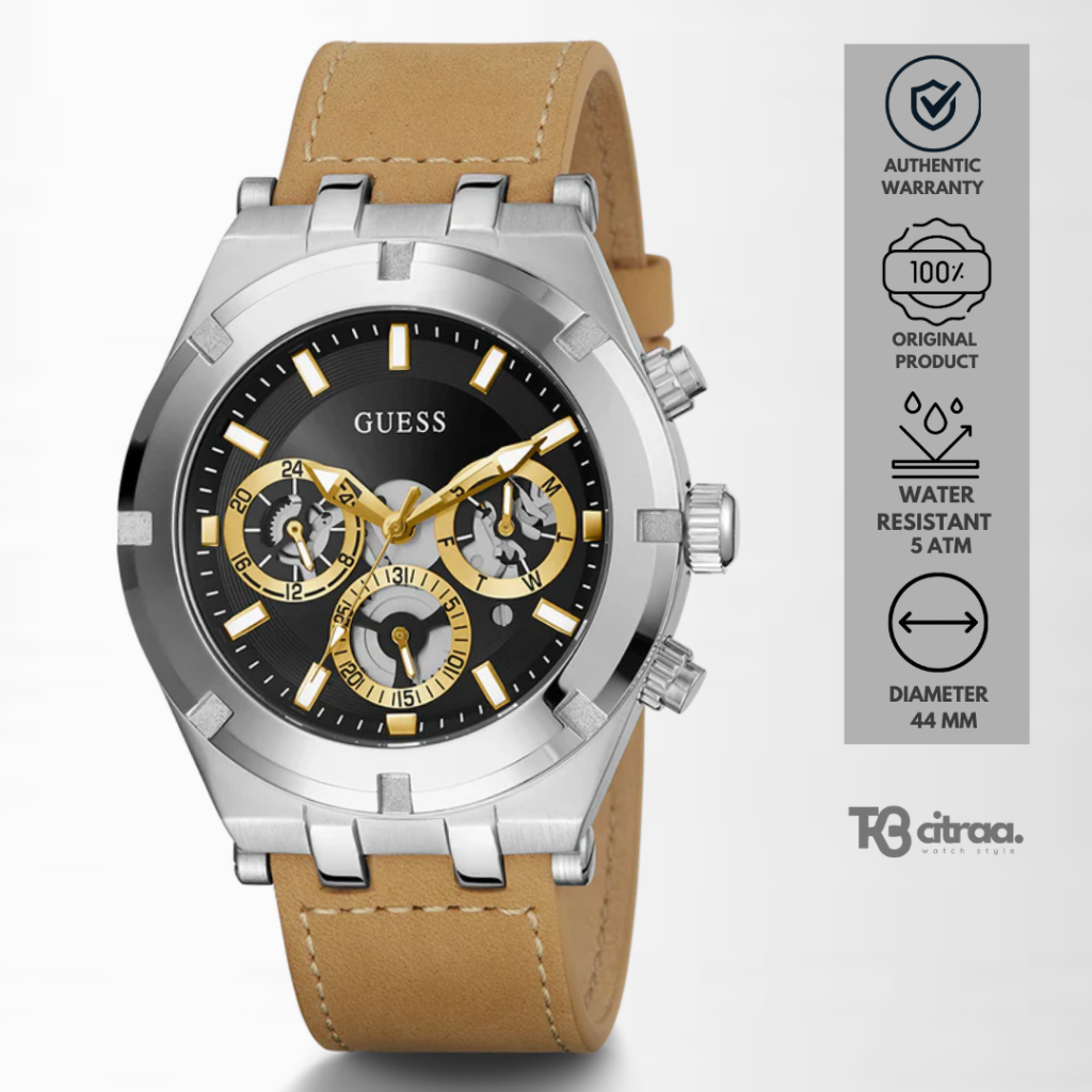 jam tangan fashion pria Guess Continental Analog strap kulit cowok chronograph multifunction day dat