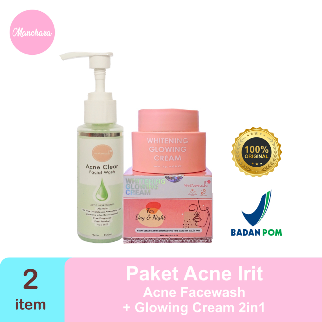 Meronah Paket Glowing Acne / Skincare Wajah Cream 2IN1 Acne Clear Facial Wash Original