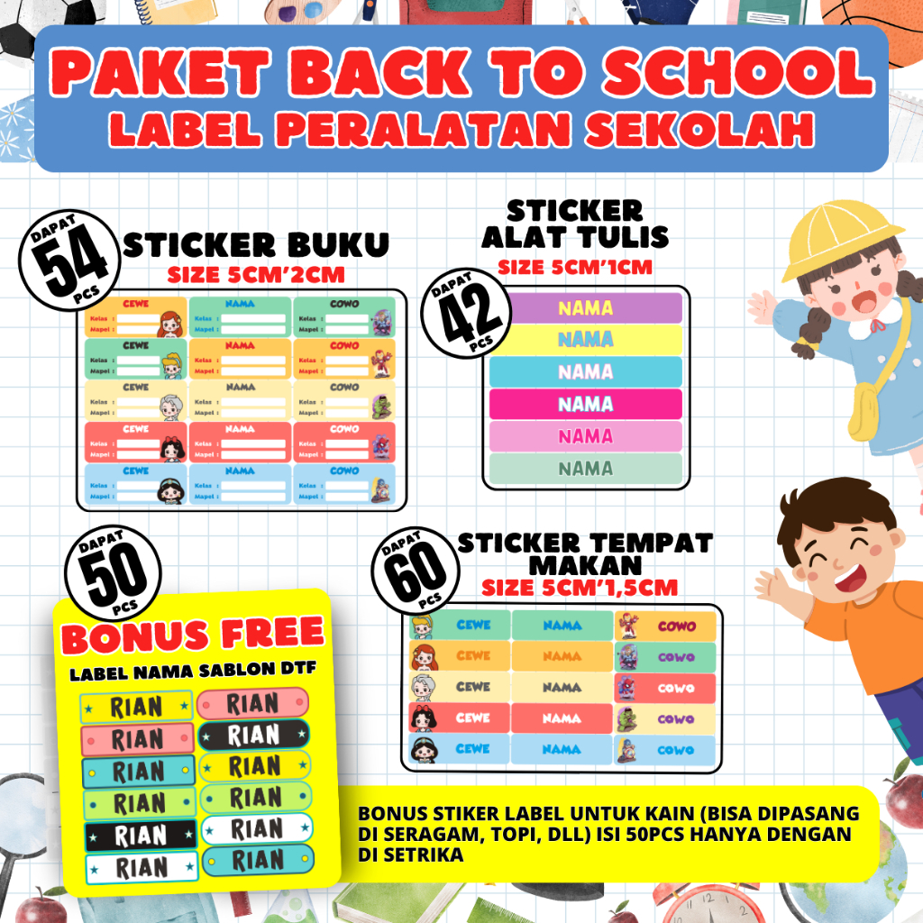 

200+ Pcs Paket Bundling | Stiker Alat Makan | Stiker Buku | Stiker Alat Tulis | Label Baju | Stiker Anti Air Waterproof | Stiker Sablon Setrika