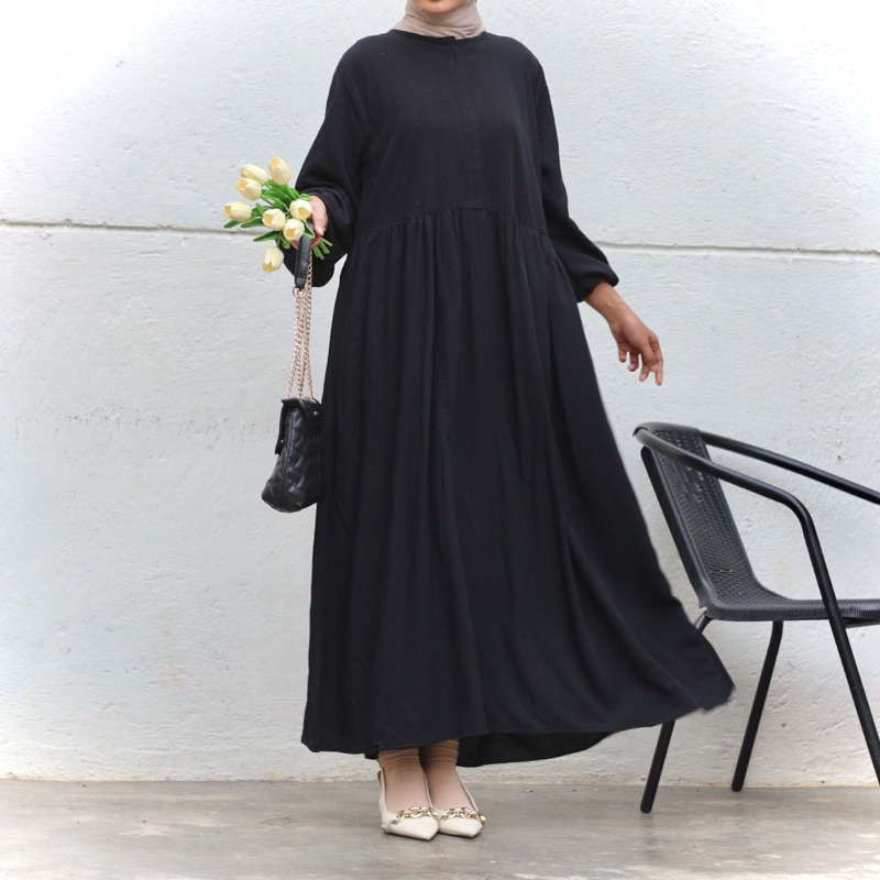 Hanum Dress - Dress Rayon Susun - Midi Polos Hitam / Gamis Basic/ Dress polos/ Hanum dress Midi
