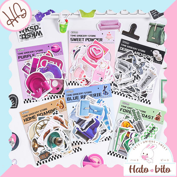 

1 set isi 50 pcs time grocery sticker vintage retro aesthetic deco stiker diy jurnal scrapbook HB1731