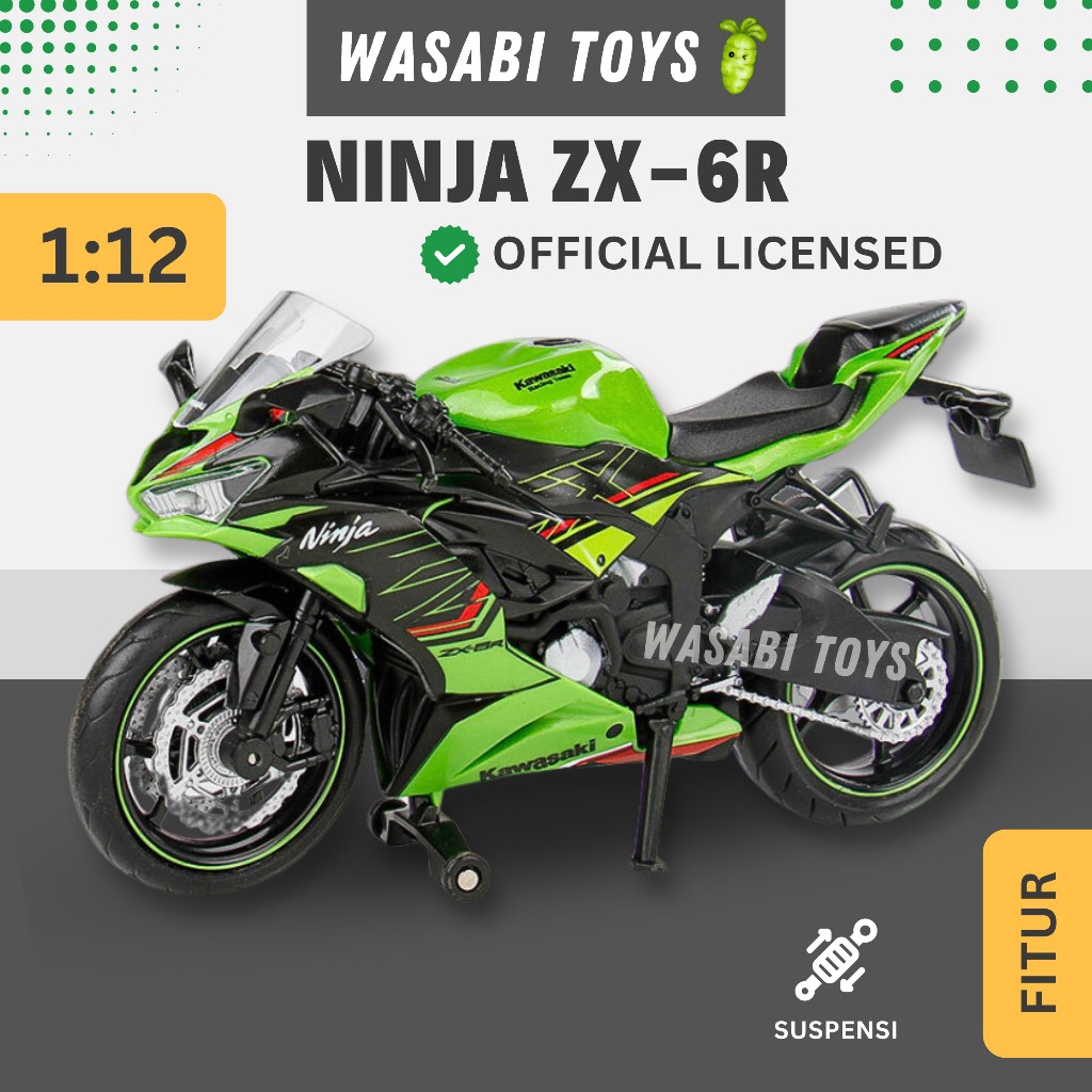 Diecast 1:12 Ninja ZX-6R ZX 6R Official Licensed (Tanki Bensin Logam, Ban Karet, Shock Breaker)