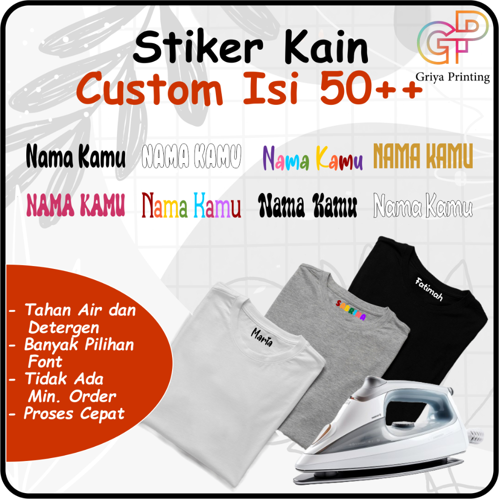 

Stiker kain isi 50 pcs++ custom | Stiker baju waterproof | Stiker kain custom