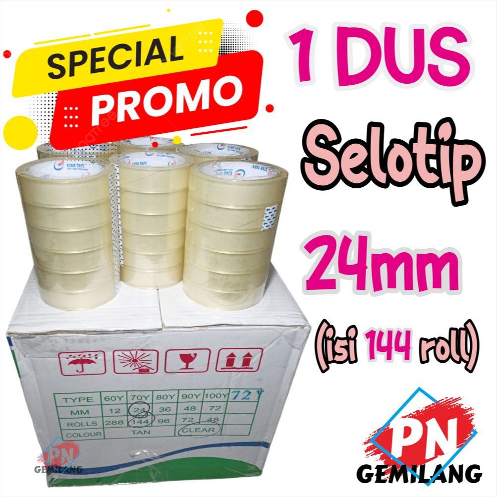 

HARGA SPESIAL LAKBAN BENING / SOLATIP / SELOTIP / isolasi bening UKURAN 24MM X 100 yard Harga 1 DUS