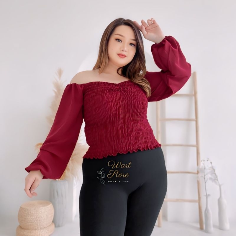 FELICIA Baju Sabrina Atasan Wanita Irise Crop Top Blouse Kerut/Serut Lengan Panjang Jumbo Sabrina