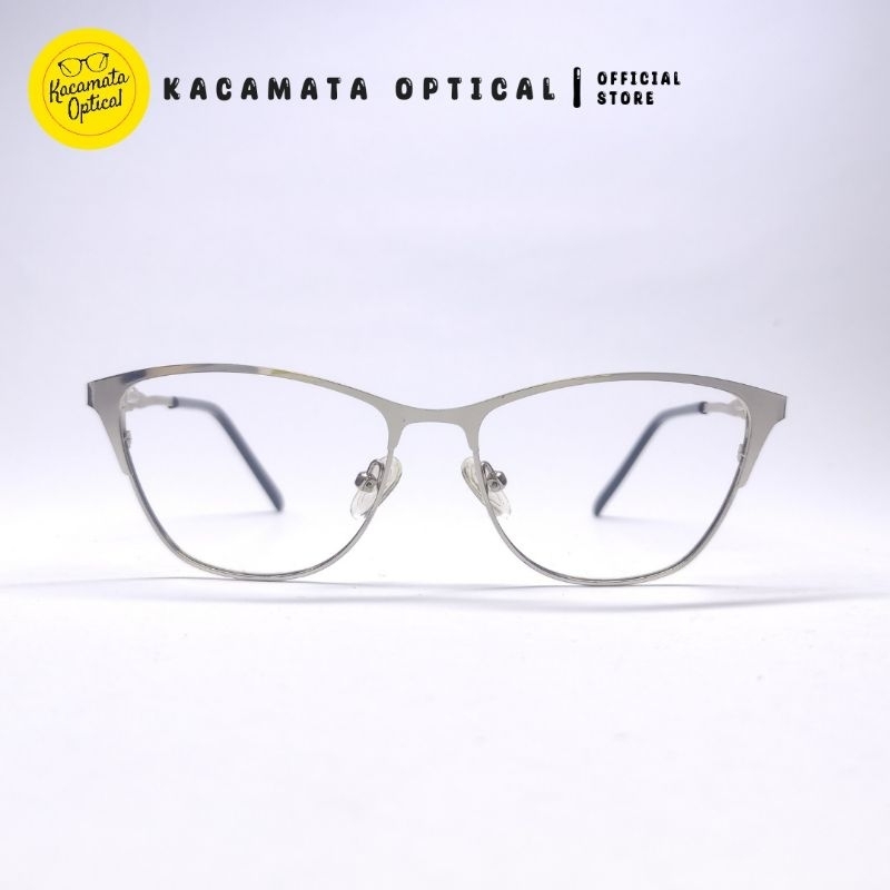 KACAMATA OPTICAL - Frame KMO8013 Cat Eye Hitam Silver Besi Plastik