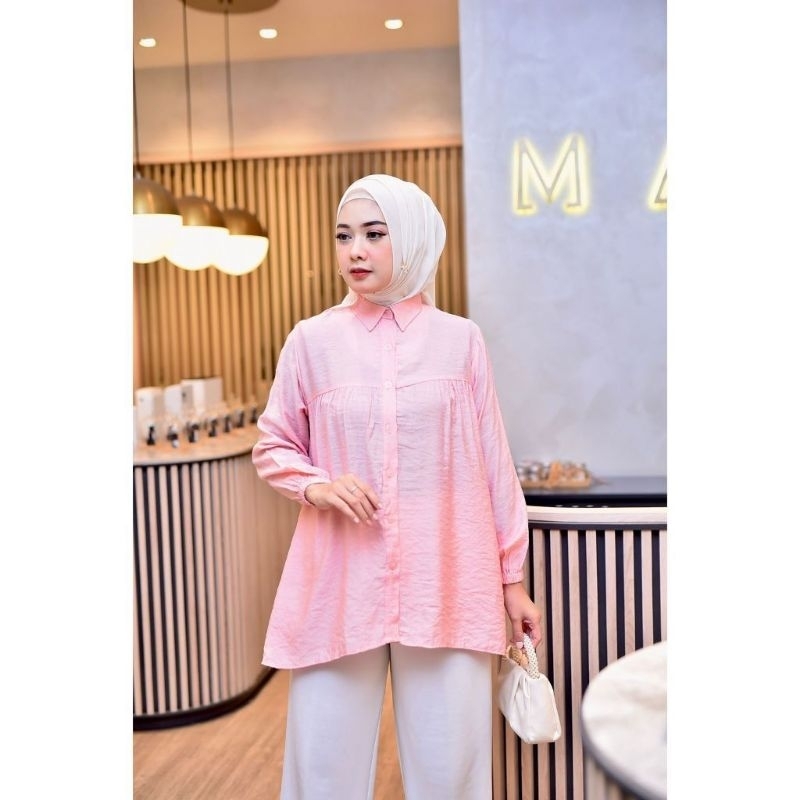 Nova Polo Linen Kemeja Bahan Linen Atasan Wanita Full Kancing Lengan Panjang Hijab Today