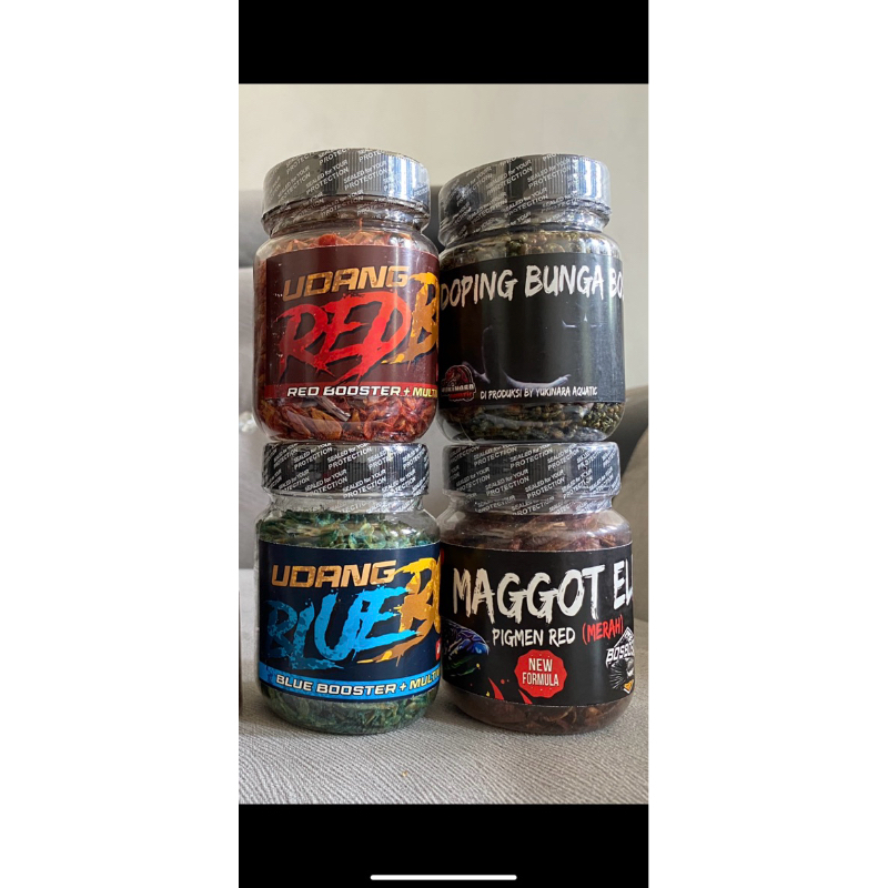 PAKAN IKAN BY BOSBOSQU UDANG BLUE & RED, MAGGOT ELIT & DOPING BUNGA FREE STICER PELET CHANA MARU AUR