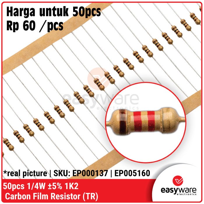 50pcs Resistor 1.2K Ohm 1/4W 5% Carbon Resistor 1K2 0.25W 0.25 Watt Resistor 5%