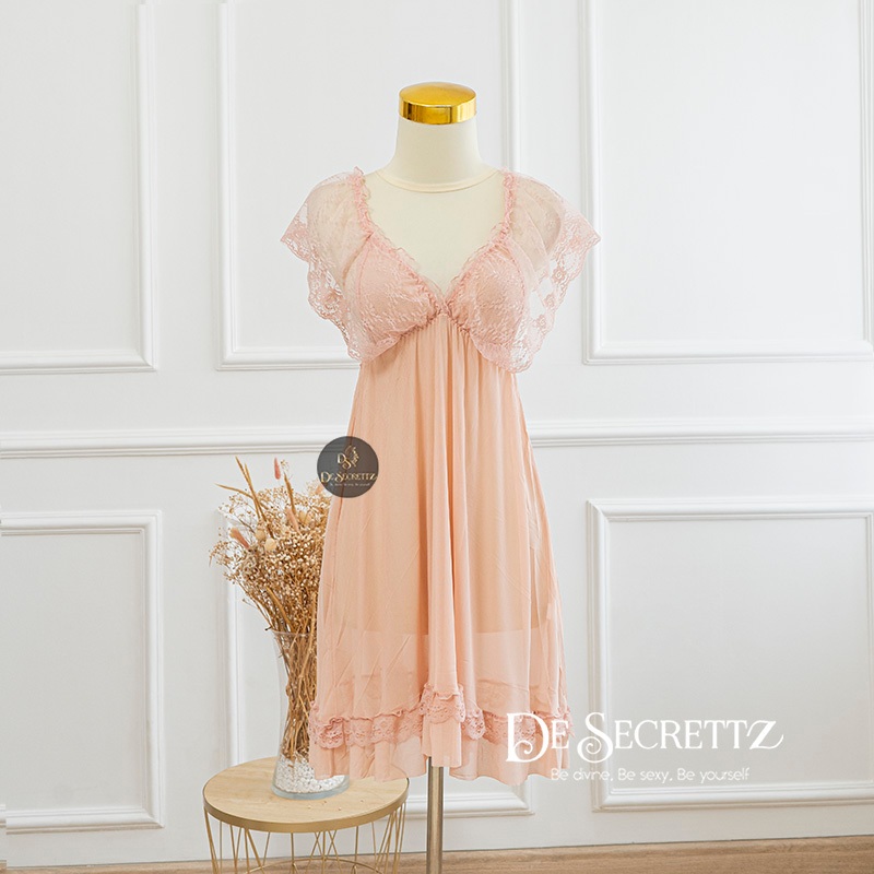 DeSecrettz DAISY Baju Tidur Wanita Dewasa Model Lingerie Big Size, Includes Lingerie + G String, Baju Tidur Wanita, Baju Dinas Depan Suami, Babydoll Lingerie, Pakaian Dalam Wanita, Lingerie Murah, Sleepwear-Peach