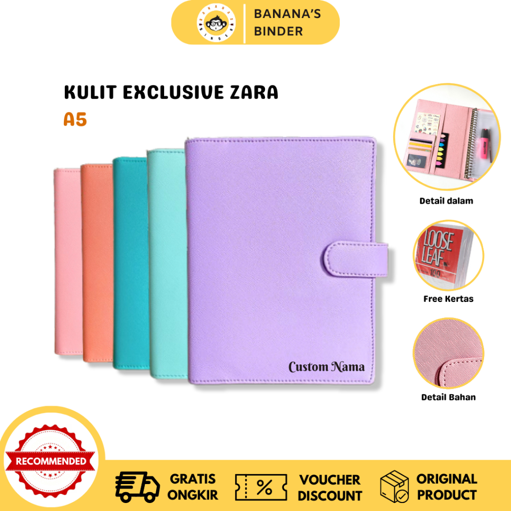 

Zyd Binder Exclusive Tebal A6 dan A5 Premium Leather CUSTOM NAMA + FREE KERTAS (A5) 20 Ring