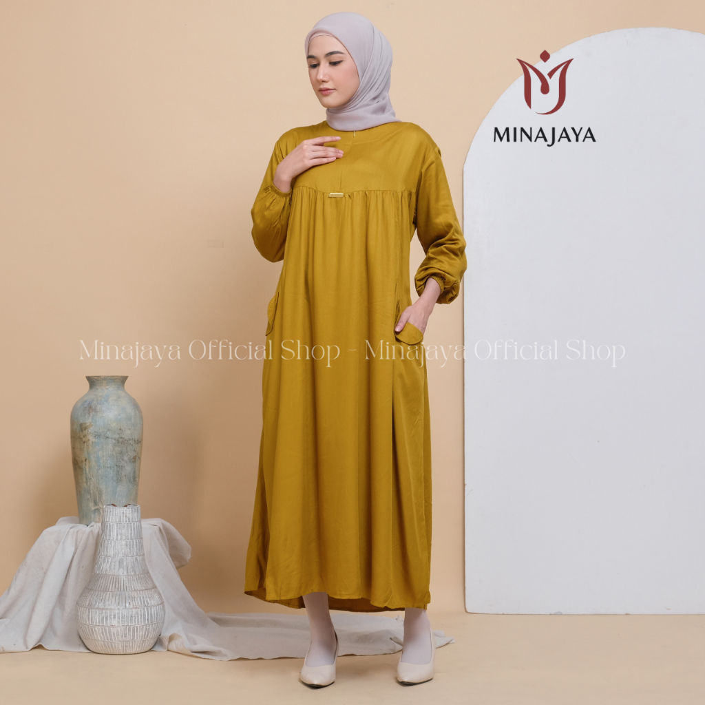 MINAJAYA - Gamis Midi Dress Polos Saku Kancing Wanita Bahan Rayon Twill