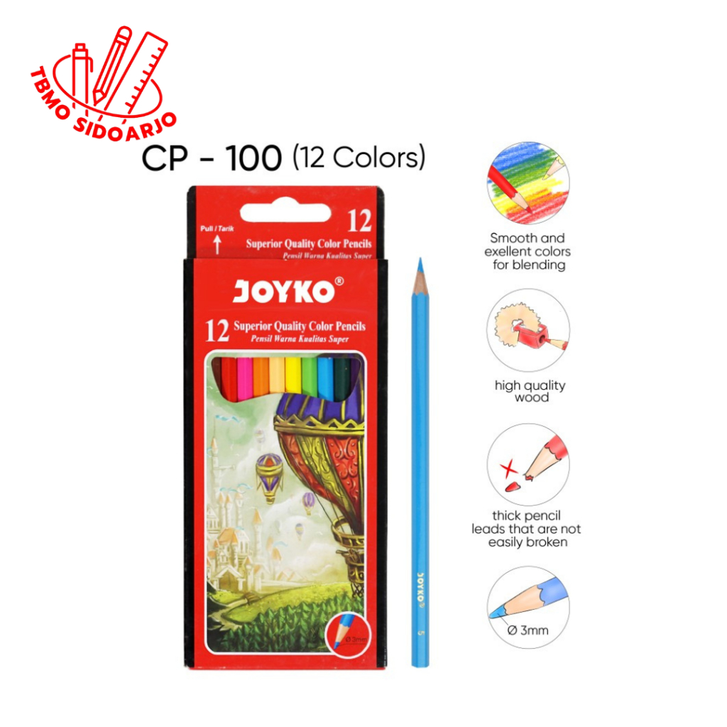 

TBMO Joyko Pensil Warna 12 Warna CP-100 Superior Quality Color Pencils Hexagonal Grip