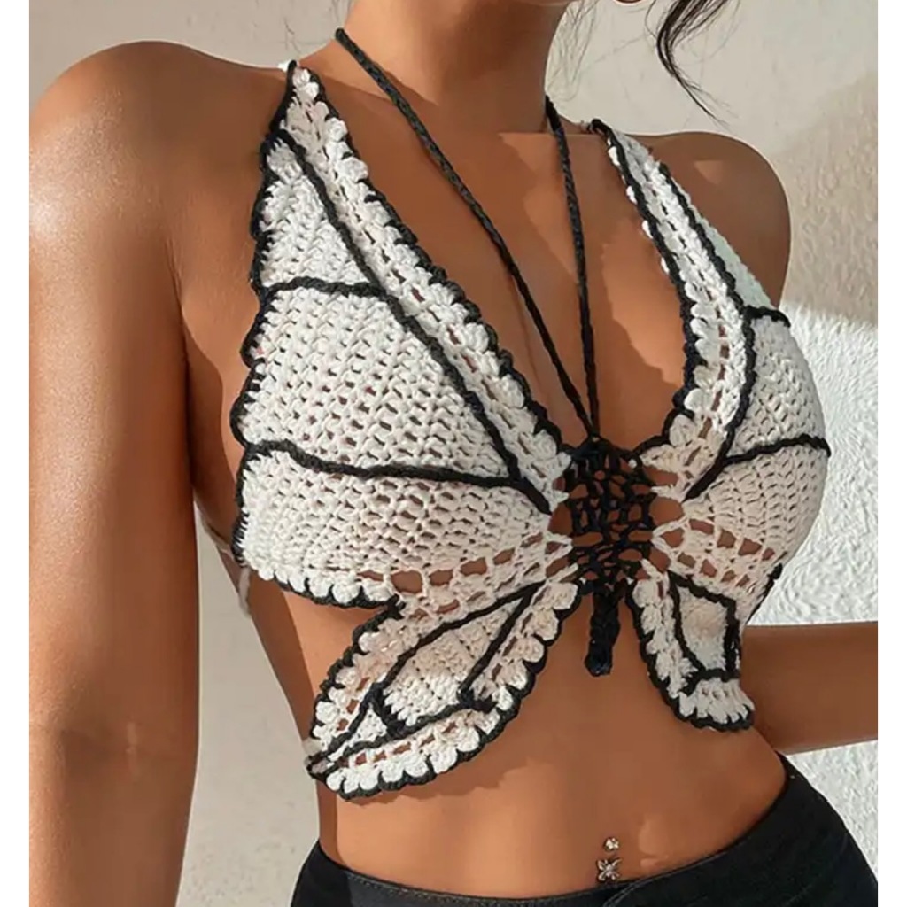 Summer Knit Bikini Tops Backless Knit Corchet Butterfly Design ONE SIZE
