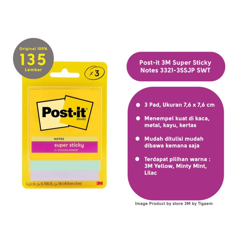 

Harga Promo Postit 3M Super Sticky Notes 3x3 45Lembar Isi 3 Pad 33213SSJP SWT