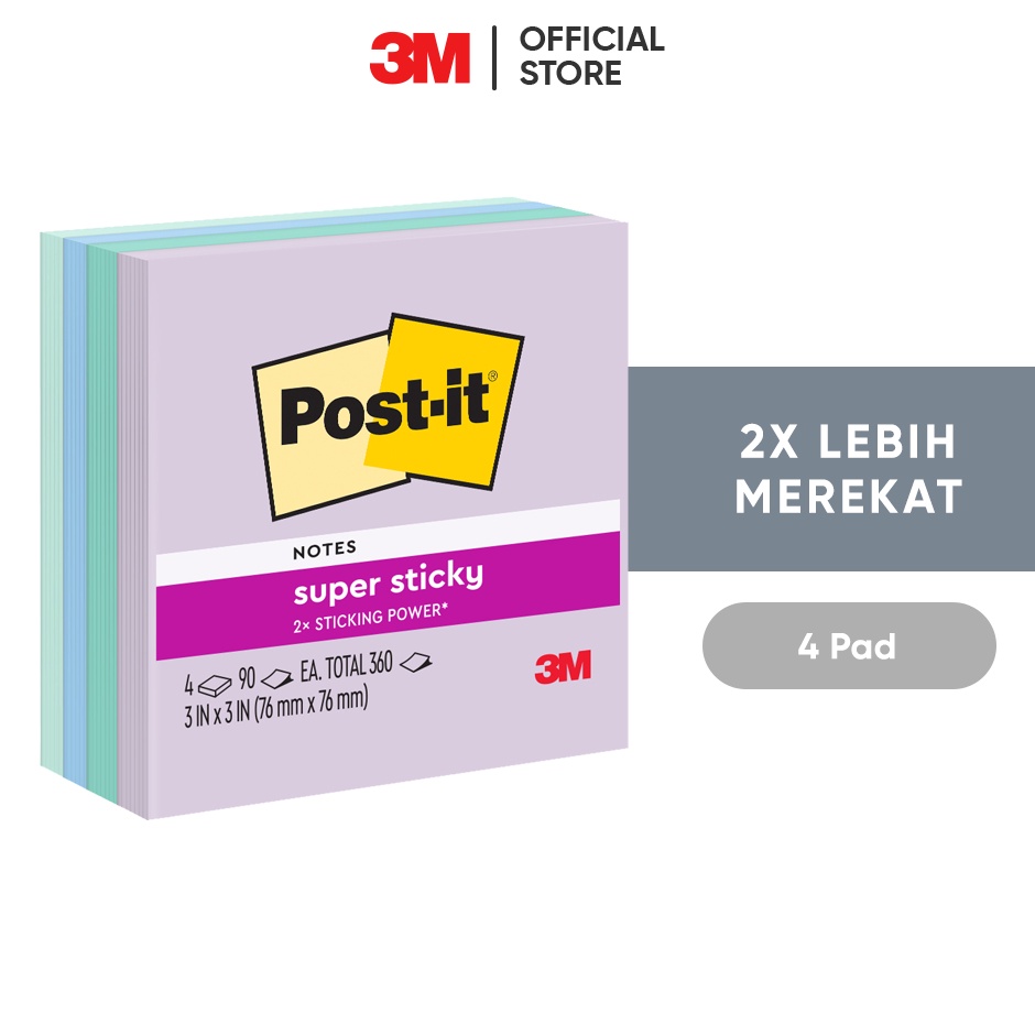 

3M Postit Super Sticky Notes Memo Tempel 654SS BLU HR 2x Lebih merekat 4 pad 76x76 mm Untuk penanda dan pengingat