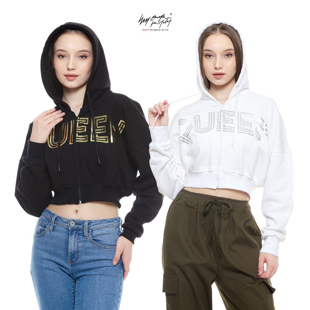Enough - Hoodie Crop Zipper Resleting Wanita Hitam Putih Sablon Silver Gold Bless A Queen