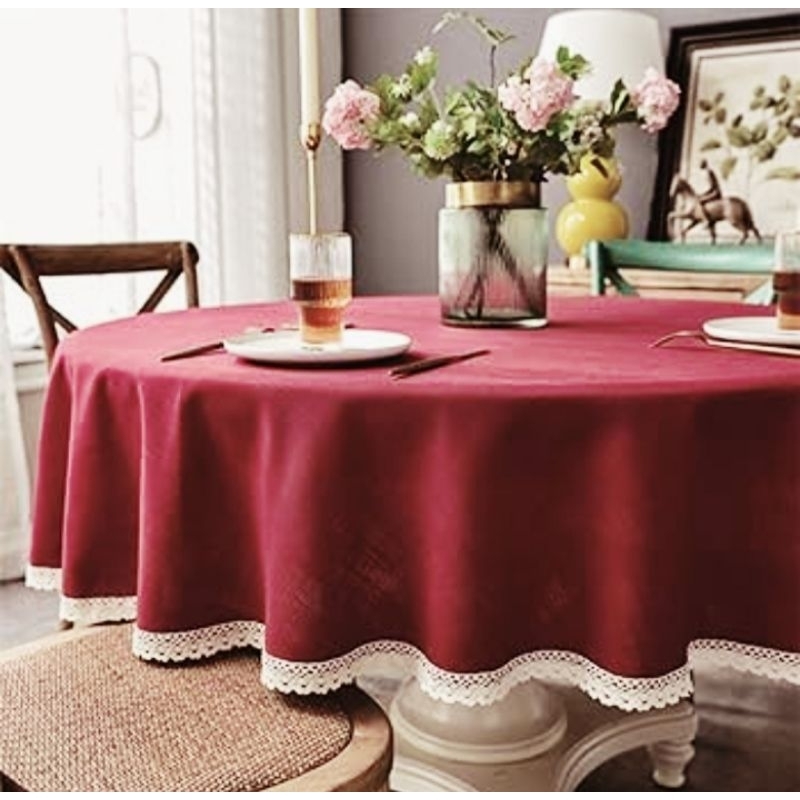 taplak meja makan bundar renda satin