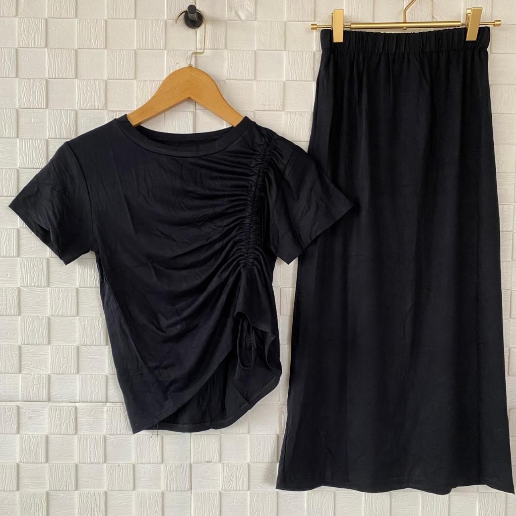 Syafiqa - Setelan Rok Belah Samping 7/8 Wanita / Set Atasan Lengan Pendek Serut Samping Wanita