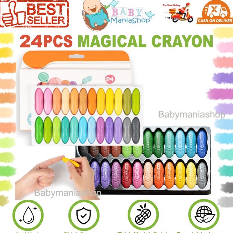 

Best Magical Crayon 12 pcs 24 pcs Crayons Bayi Anak Peanut Yplus UK Mudah Dihapus Tidak Mengotori Tangan