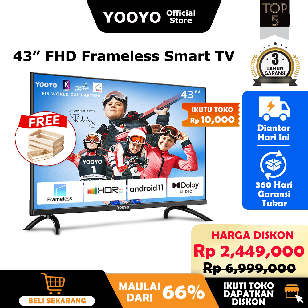 YOOYO Smart TV 43 inch - TV Android 12.0 - Desain Tanpa Bingkai - Android TV FHD 1080P - HDR10 - Dol