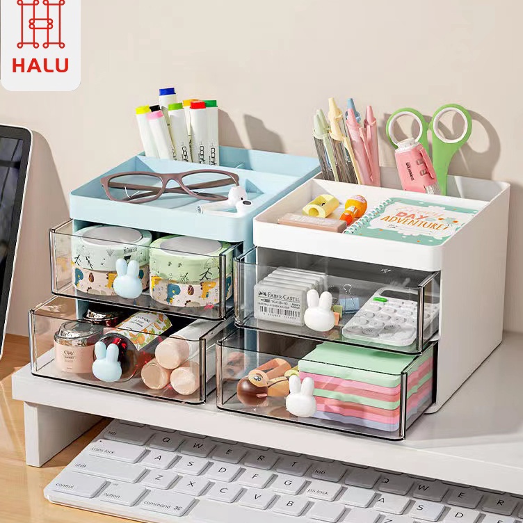 Terlaku HALU Kotak Laci Penyimpanan 2 Layer Kelinci Kotak Penyimpanan ATK Multifungsi Kotak Desktop 