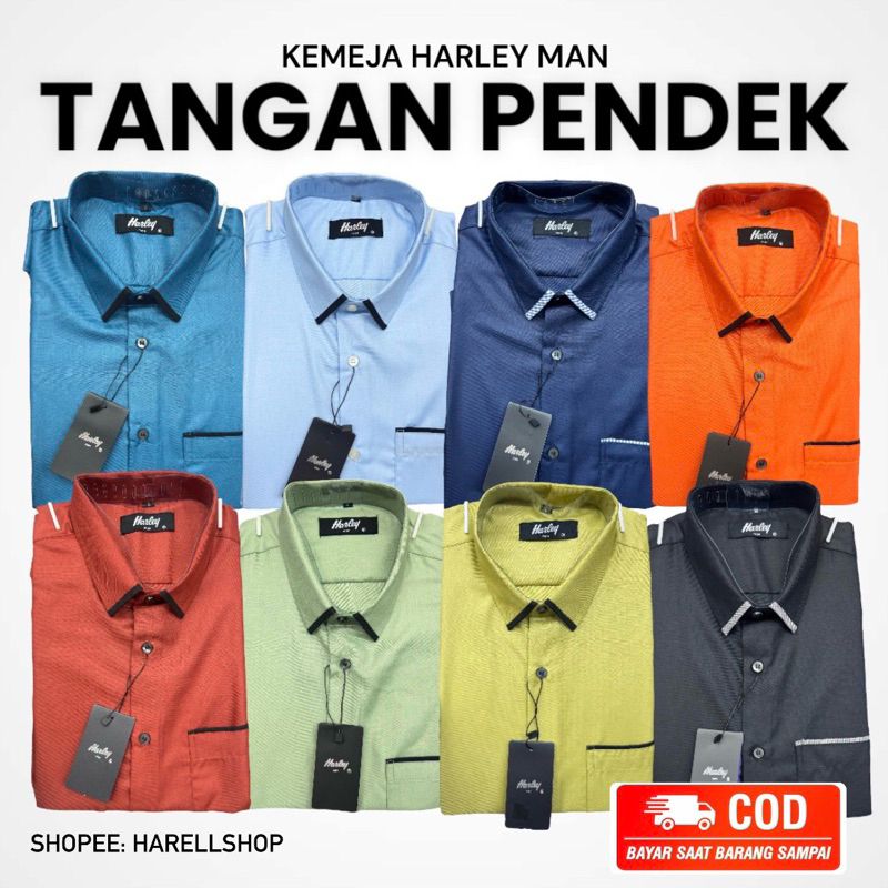 Kemeja Harley Pria tangan PENDEK Warna dan Motif ( biru tosca tua kotak biru kotak krem hitam pekat 