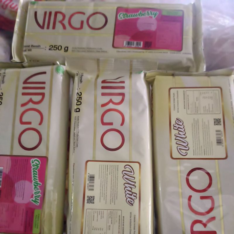 

Virgo Coklat Compound Coklat Batang warna White/putih//pink /strobery kemasan 250gr/coklat batang putih