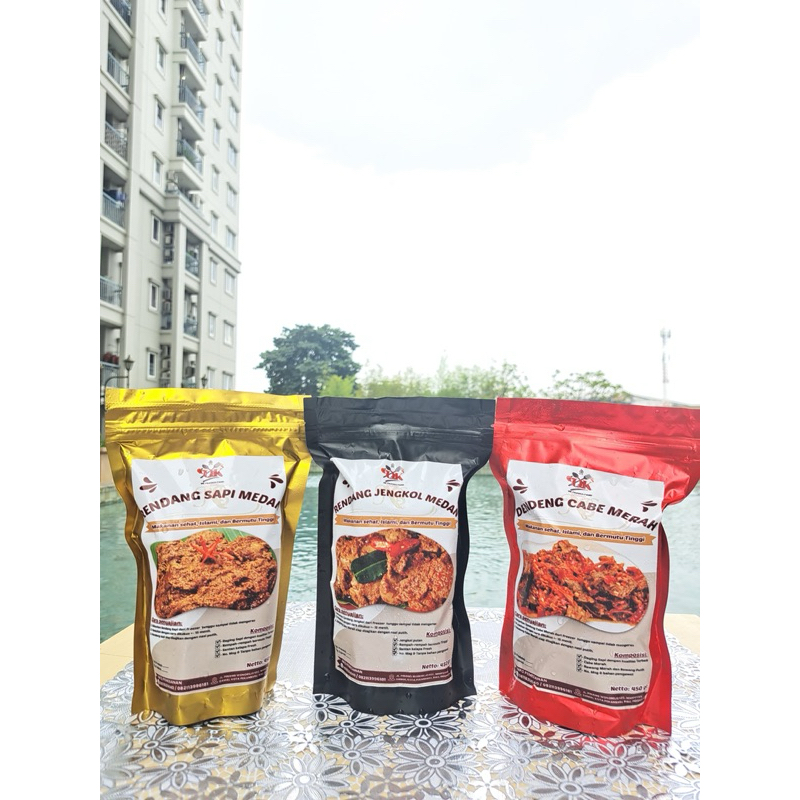 

1 DENDENG SAPI CABE MERAH, 1 RENDANG SAPI MEDAN , 1 RENDANG JENGKOL MEDAN 450 gram