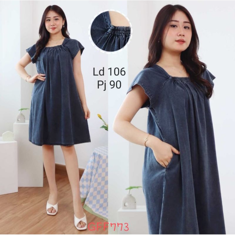 GFF773 Dress Wanita Jeans Denim LD106 pj90 kerah model karet kotak polos