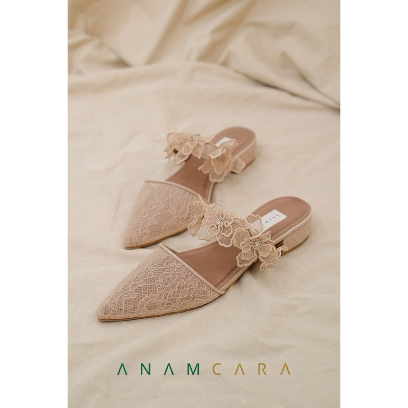 Nayra Mules in Nude and Black-Sandal/Flat Shoes Lace|Bunga Bordir Aplikasi 3D|Handmade Indonesia