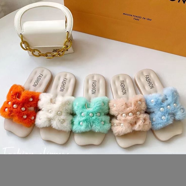 KODE N76T SANDAL SELOP ANAK PEREMPUAN MODEL MUTIARA BULU H FASHION BEUTIFUL IMPORT