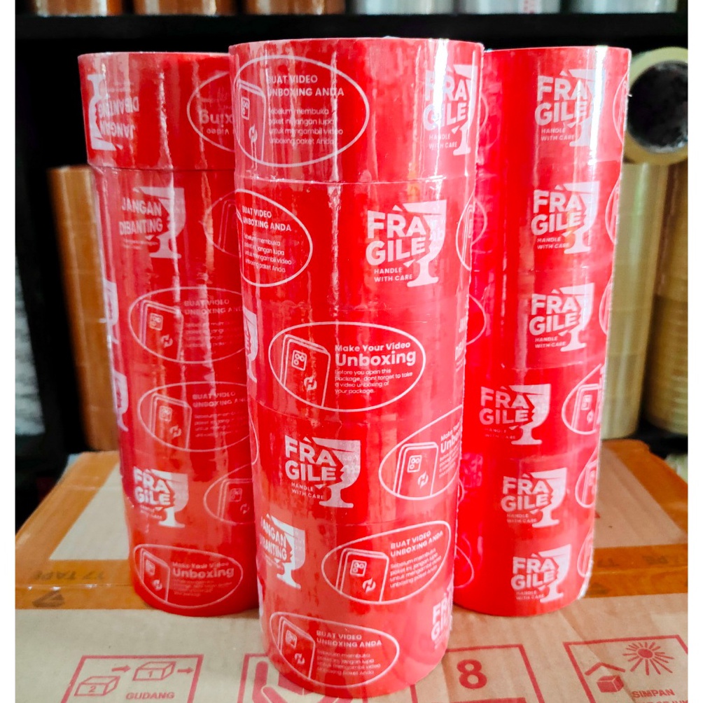 

KODE V76J Lakban Unboxing Fragile 1 Pack Isi 6 Roll 2 Inch 45mm x 72 yard Selotip Packing Jangan Di Banting Isolasi Opp Merah