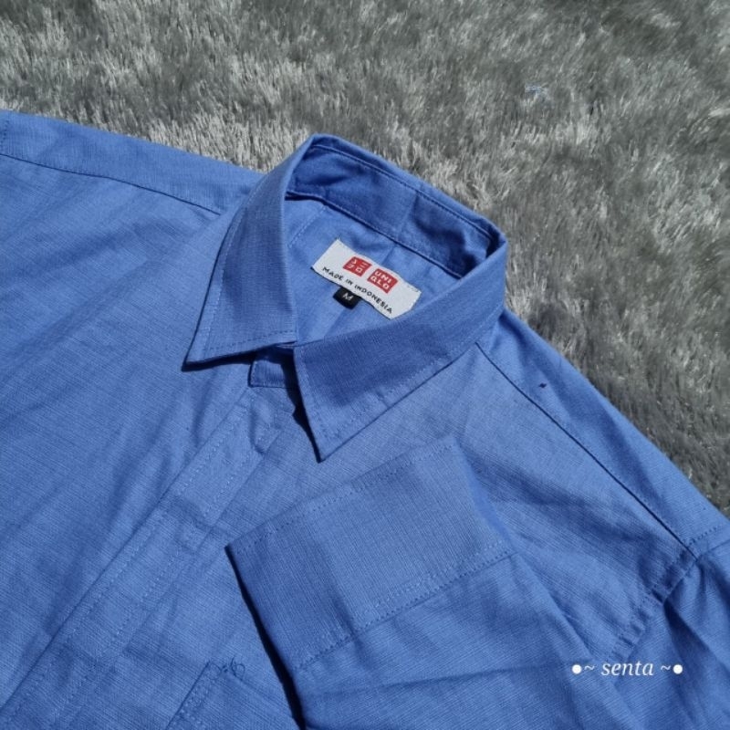 kemeja polos pria sigaret lengan panjang kemeja uniqlo biru hitam