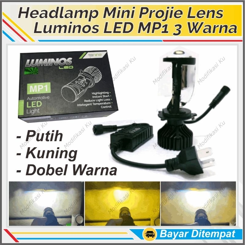 LAMPU MOBIL LED MINI PROJI LENS H4 LUMINOS NINE 3 WARNA SINAR CUTOFF HEADLIGHT