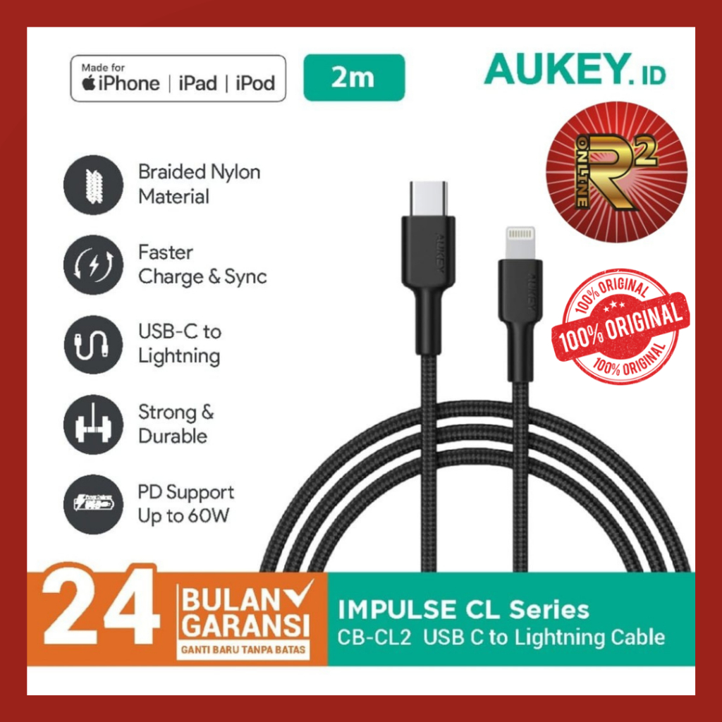 Aukey CB-CL2 Braided Nylon Kabel Charger Iphone USB-C To MFi Original Garansi Resmi Aukey