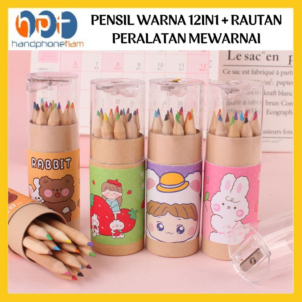 

HANDPHONETIAM Pensil Warna 12in1 + Serutan Kemasan Tabung Karakter Color Pencils Set 12pcs Alat Mewarnai Gambar Hadiah Kado Ulang Tahun Anak Unik Lucu