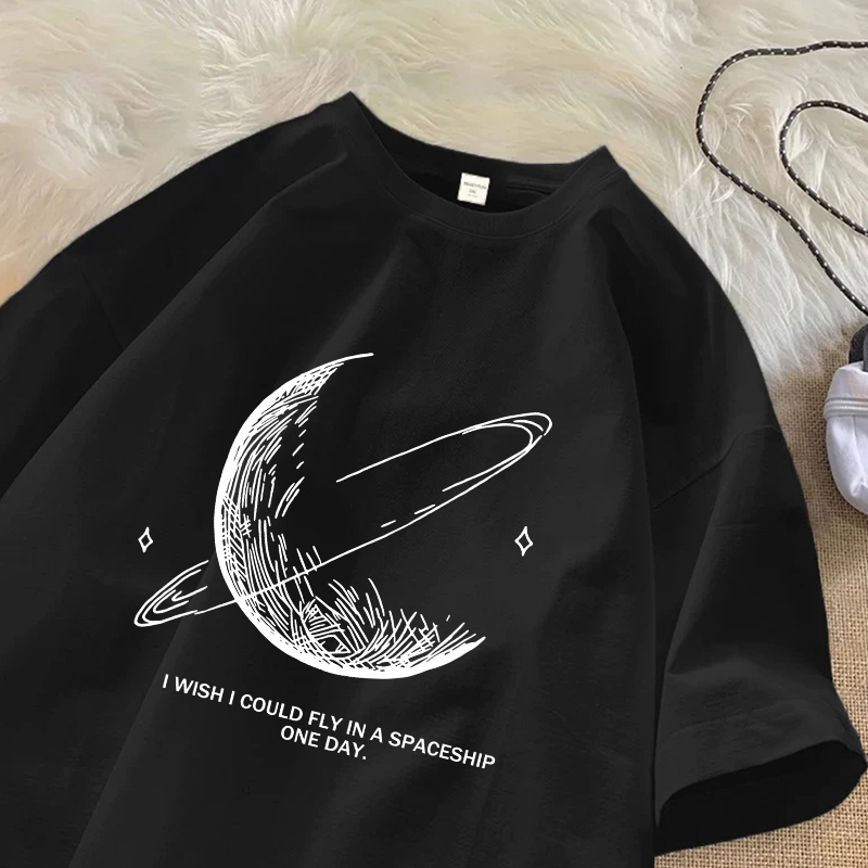 seoul_print T-shirt Hitam Washed Oversize Cotton Moon Kaos Lengan Pendek Wanita Korean Style Retro