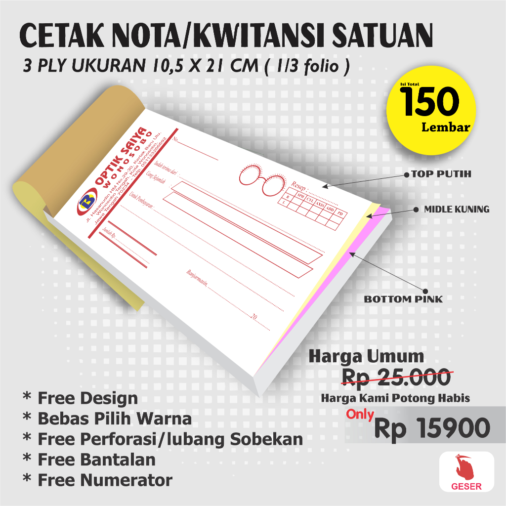 

cetak nota / surat jalan / kwitansi 3 ply 1/3 folio desain bebas custom