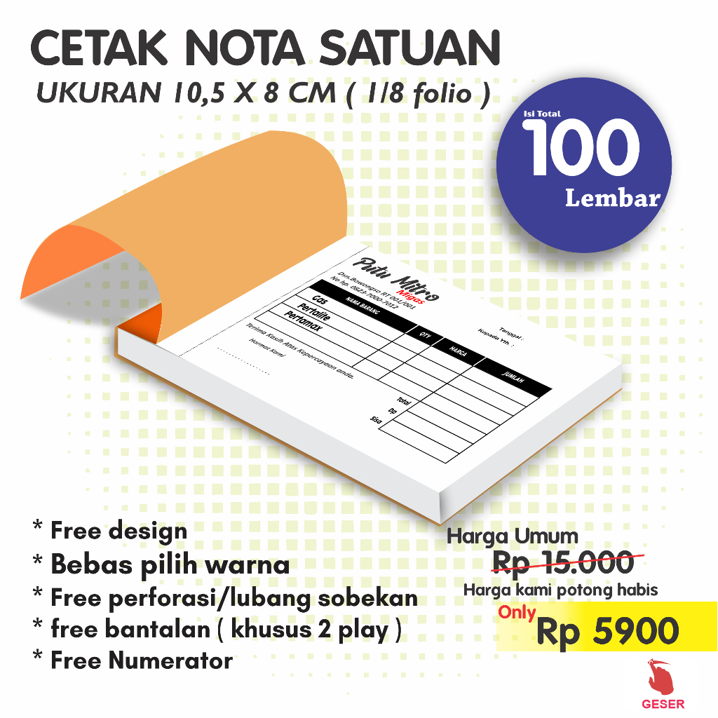 

CETAK NOTA CUSTOM 2 PLAY / 1PLY 10,5x8 cm - CETAK NOTA -- 2 RANGKAP-- INVOICE Bon Surat Jalan Kwitansi