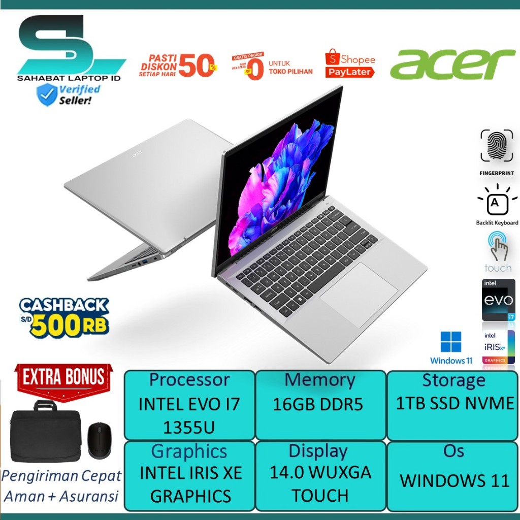 Laptop baru acer swift go 14 sfg14 intel evo i7 1355u 16gb ddr5 1tb ssd wuxga touch windows 11 origi