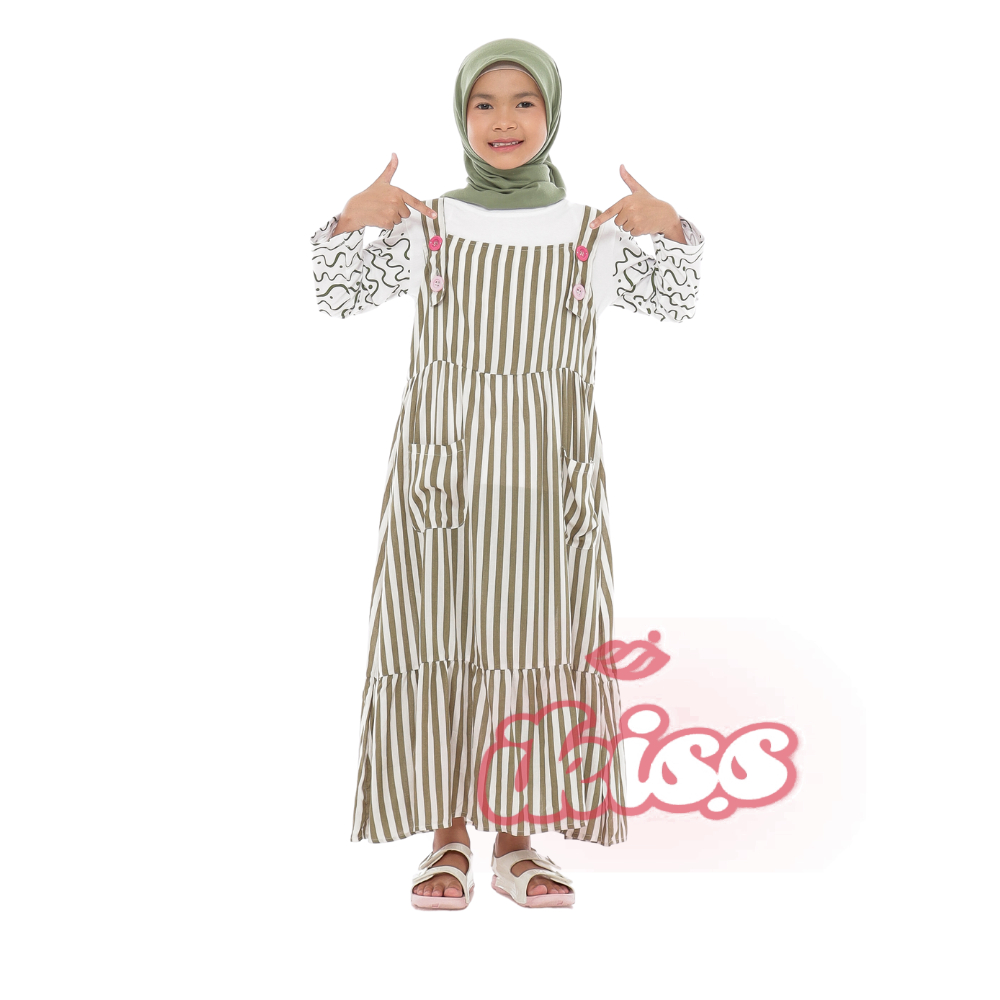 RB Gamis Overall Anak Tanggung Usia 5-14 Tahun Motif Salur Katun Polos Longdress Muslimah Trendy AST