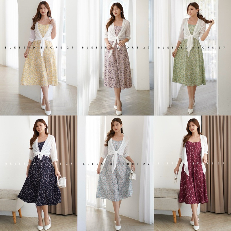 D0767 LOVA KOREAN STYLE FLORAL VINTAGE SET MIDI DRESS PANTAI LIBURAN JALAN BALI