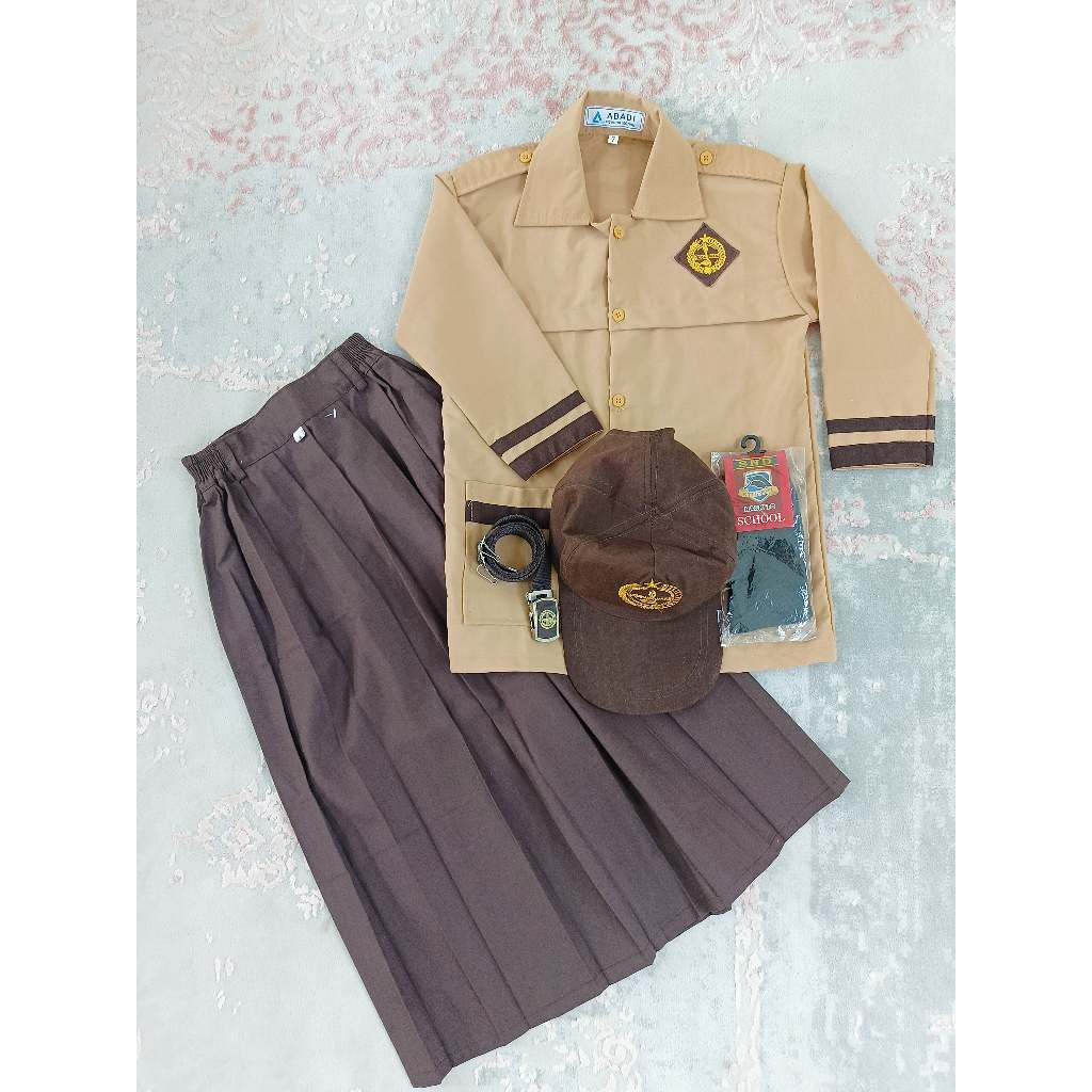 Setelan seragam pramuka siaga SD panjang cewe topi coklat