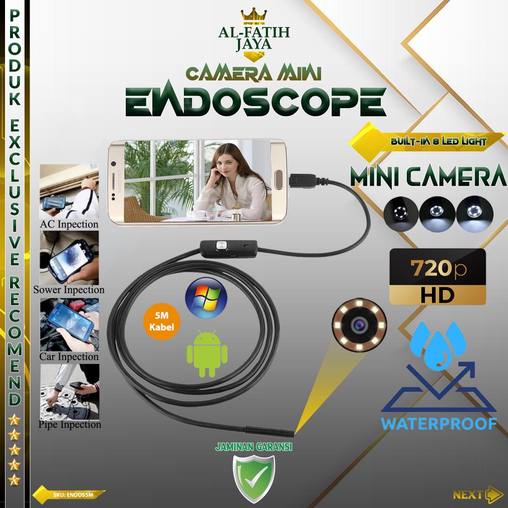 KODE Q33U Endoscope Camera Kabel Android 5m 7mm Waterproof 6Led Mini Cam Endos Cope 5 Meter Waterpro
